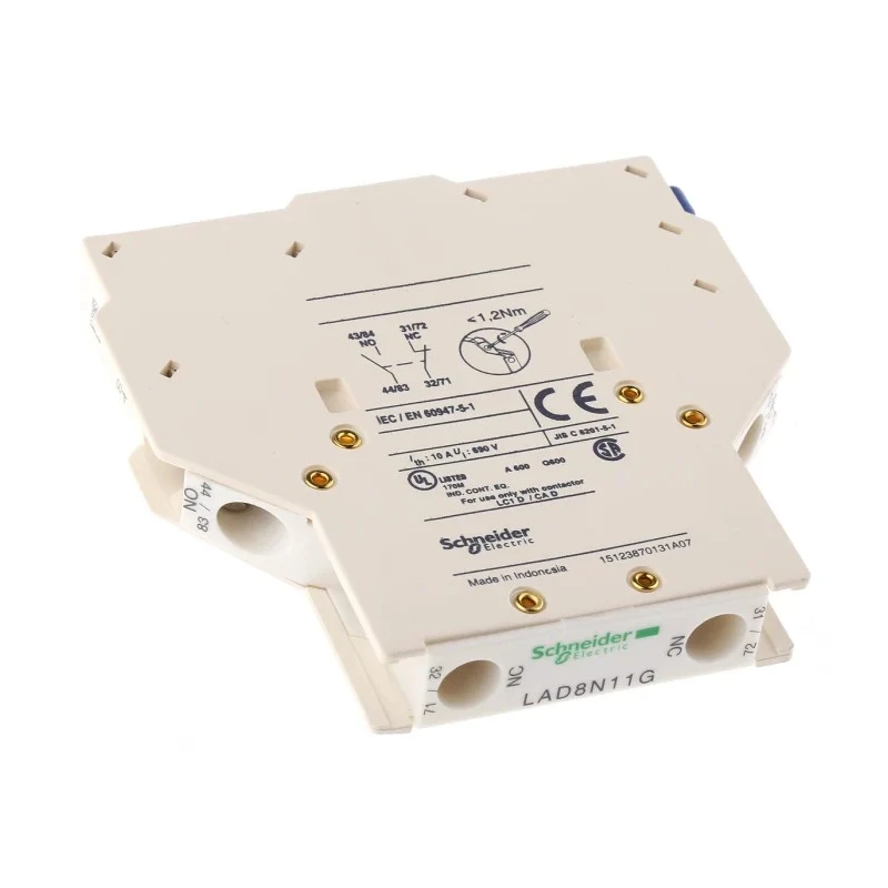 Schneider Electric Auxiliary Contact Block LAD8N11G, 1 NO/1 NC, Screw Clamp Terminal, 600V Rated Insulation Voltage LAD8N11G