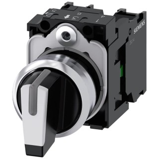 Siemens Short Handle Selector Switch, 22 mm Cutout Diameter, Illuminated, 3 Positions, 2 NO Contact 3SU1150-2BM60-1NA0