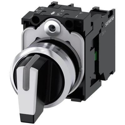 Siemens Short Handle Selector Switch, 22 mm Cutout Diameter, Illuminated, 3 Positions, 2 NO Contact 3SU1150-2BM60-1NA0