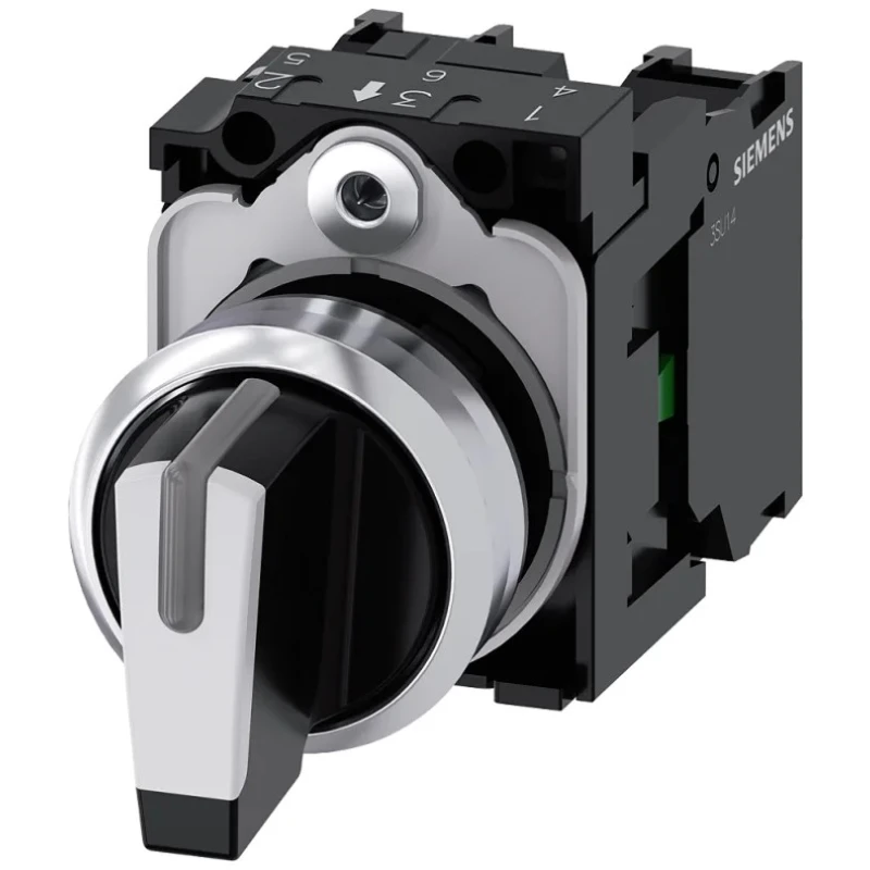 Siemens Short Handle Selector Switch, 22 mm Cutout Diameter, Illuminated, 3 Positions, 2 NO Contact 3SU1150-2BM60-1NA0