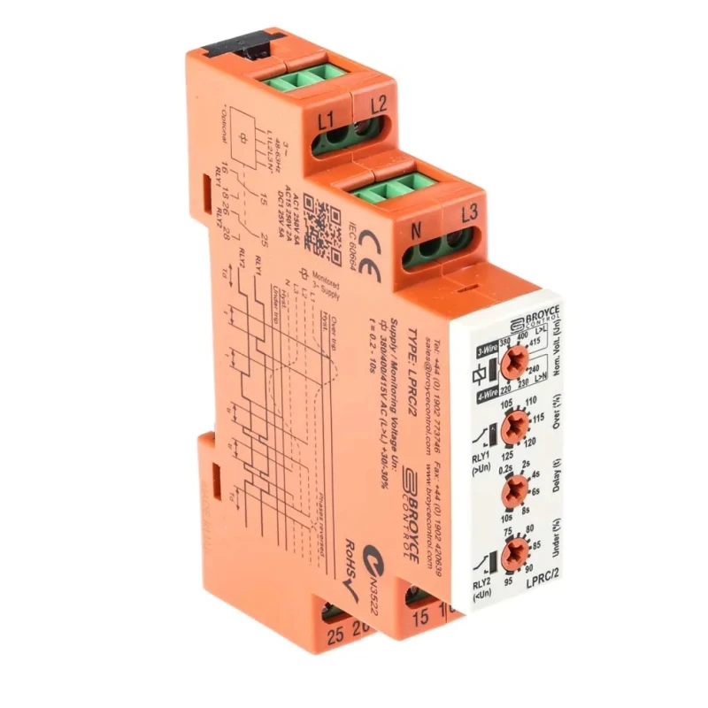 Broyce Control Monitoring Relay, 3 Phase, SPDT Contact, DIN Rail Mount, 243V AC / 540V AC LPRC/2 400V