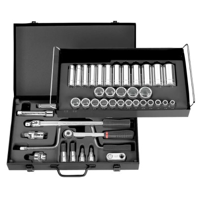 Facom 44-Piece 1/2 in 12 Point Socket Set Bright Chrome Finish Chrome Vanadium Steel S.450UP
