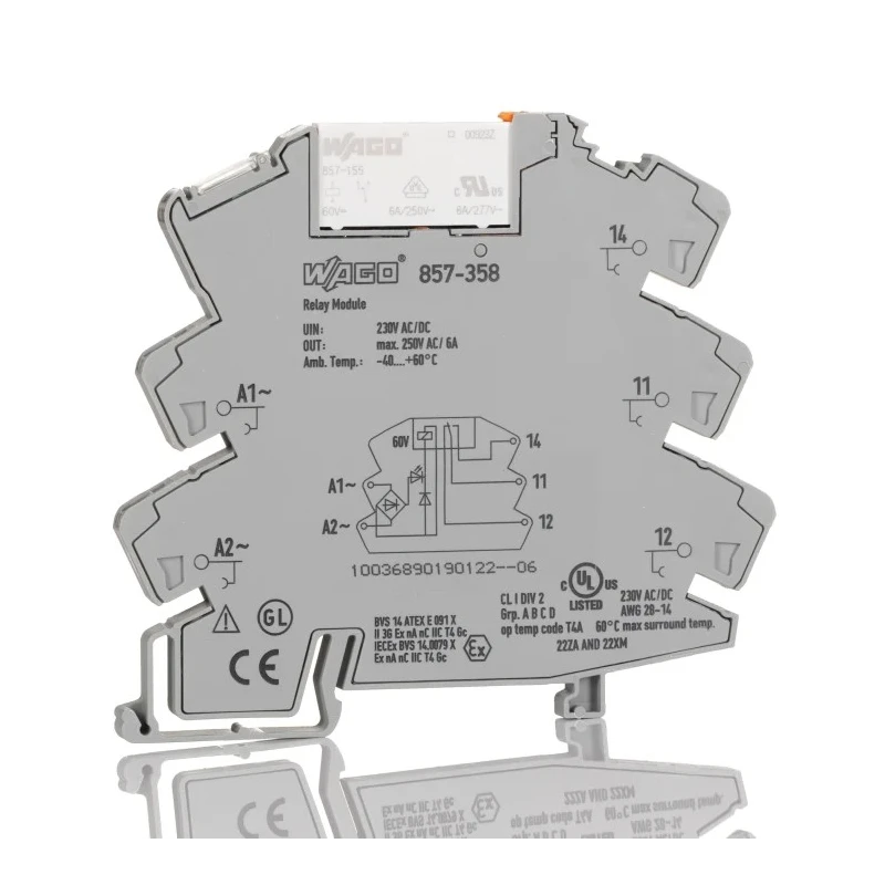 WAGO Electromechanical Interface Relay DIN Rail Mount 230V AC/DC Coil 4mA Current 6A Switching Silver Nickel Alloy 857-358