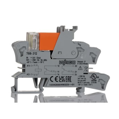 WAGO 788 Series Electromechanical Interface Relay, DIN Rail Mount, DPDT Contact, 24V DC Coil, 19mA Coil Current 788-312