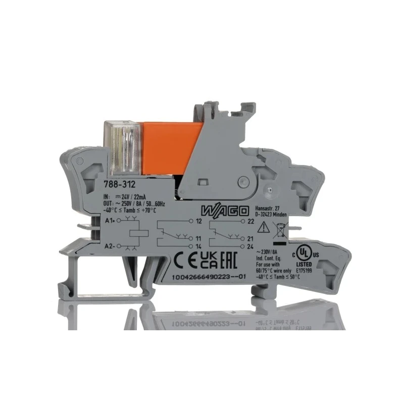 WAGO 788 Series Electromechanical Interface Relay, DIN Rail Mount, DPDT Contact, 24V DC Coil, 19mA Coil Current 788-312