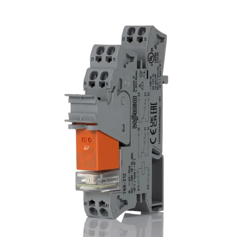 WAGO 788 Series Electromechanical Interface Relay, DIN Rail Mount, DPDT Contact, 24V DC Coil, 19mA Coil Current 788-312