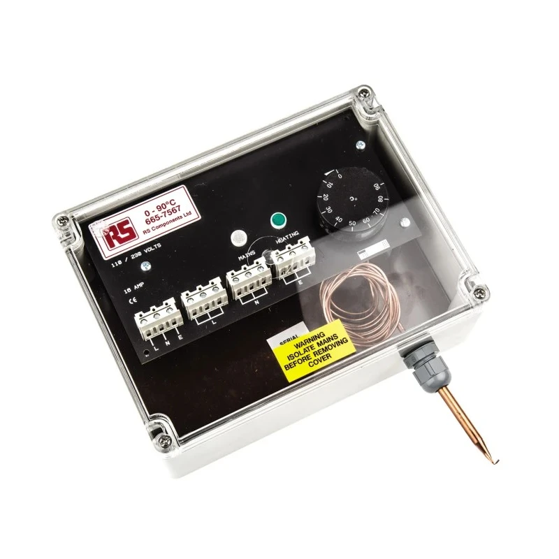 RS PRO Junction Box Trace Heating Thermostat 75 mm x 200 mm x 150 mm, 0 °C to 90 °C 665-7567
