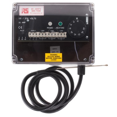 RS PRO Junction Box Trace Heating Thermostat 75 mm x 200 mm x 150 mm, 35°C to 210°C, IP65, Polycarbonate ABS 665-7558