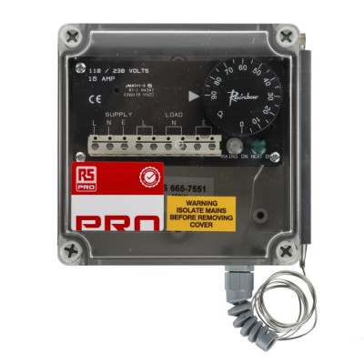 RS PRO Trace Heating Thermostat 75 mm x 125 mm x 125 mm, 0 °C to 90 °C Operating Temperature 665-7551