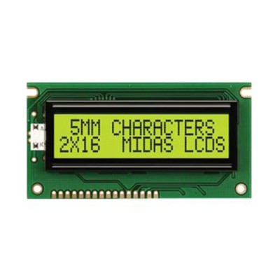 Midas A Alphanumeric LED LCD Monochrome Display, Green on Green, 2 x 16 MC21605A6W-SPR-V2