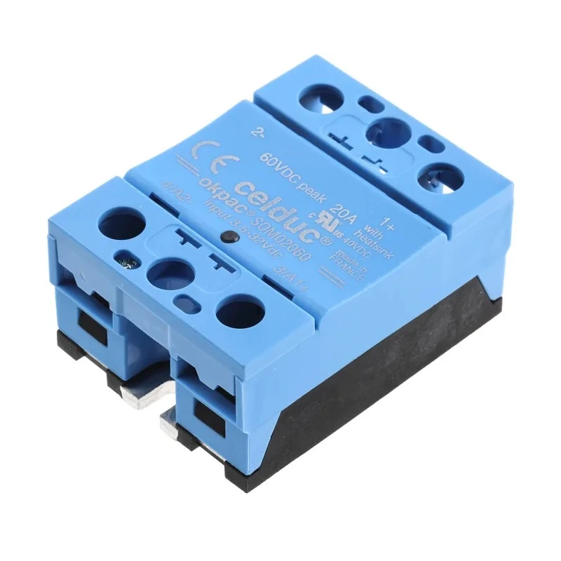 Celduc Solid State Relay, 20 A Load, 40 V dc Load, 32 V dc Control, DIN Rail Mount SOM02060