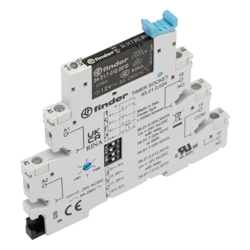 Finder 38 Series DIN Rail Timer Relay, Multifunction, SPDT Switch, 1 Contact, 12V AC 60V DC, 0.1 s to 6 h 38.21.0.012.0060