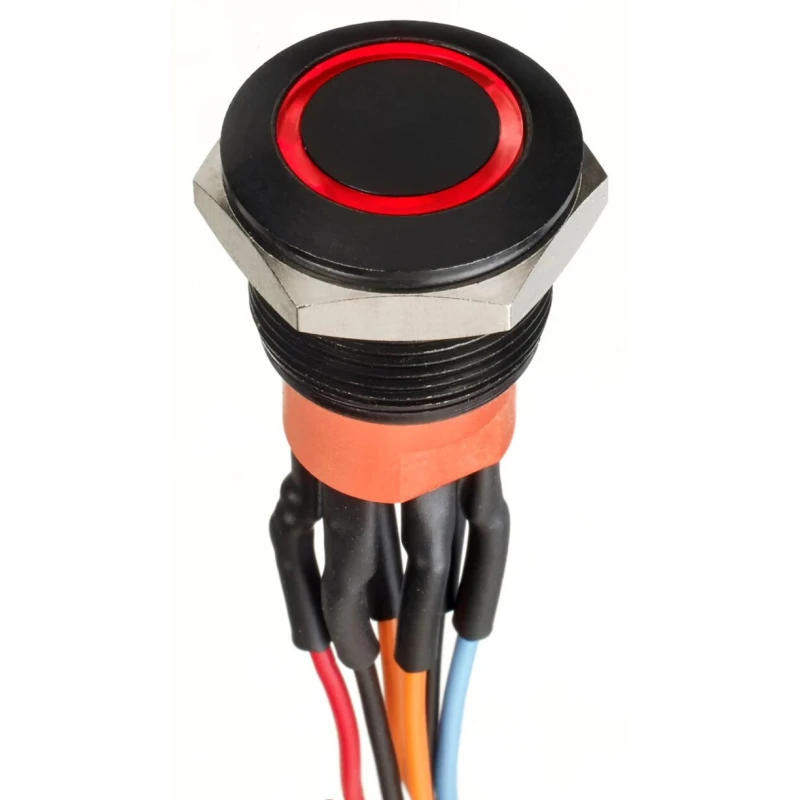 Apem AV Series Illuminated Push Button Switch Momentary Panel Mount 19.2 mm Cutout DPDT Red LED IP67 30V dc AV9622F1020870K