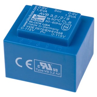 Block 9 V ac 2 Output Pin PCB Transformer, 3.2 VA, Pin Mount, ENEC 10 (VDE) Certified AVB3.2/2/9