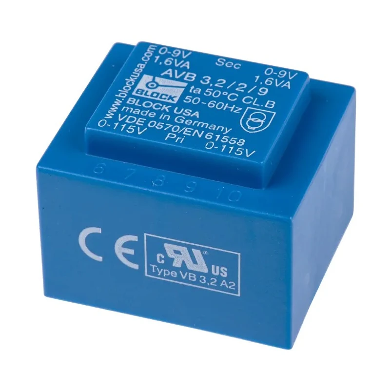 Block 9 V ac 2 Output Pin PCB Transformer, 3.2 VA, Pin Mount, ENEC 10 (VDE) Certified AVB3.2/2/9