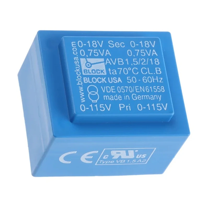 Block 18 V ac 2 Output Pin PCB Transformer, VDE 0570 Part 2-6, ENEC 10 (VDE), DIN EN 61558-2-1, C-UL-US, IEC AVB1.5/2/18