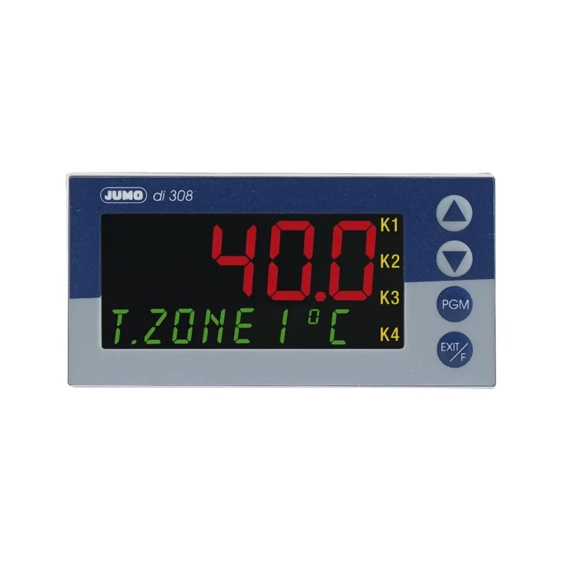 Jumo di 308 Panel Digital Indicator 6 Input, 4 Output Logic SSR, 240V AC/DC On-Off 701550/181-000-25/000