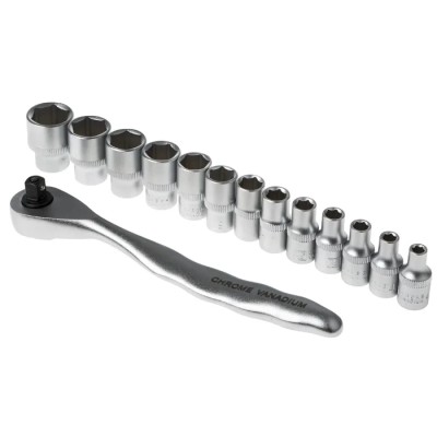 RS PRO 14-Piece 1/4 in Shallow Socket Set Chrome Vanadium Steel Square Drive 668-5789
