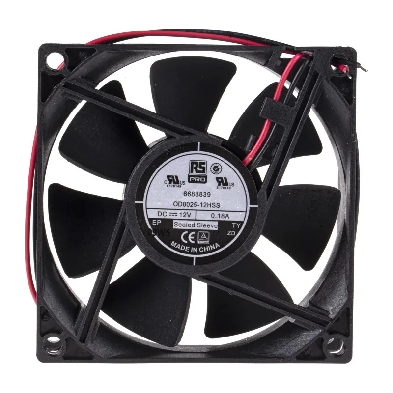RS PRO Axial Fan, 12V DC, 68 m³/h Air Flow, 2.9W, 250mA, 3100 RPM, Sleeve Bearing, 80x80x25 mm 668-8839
