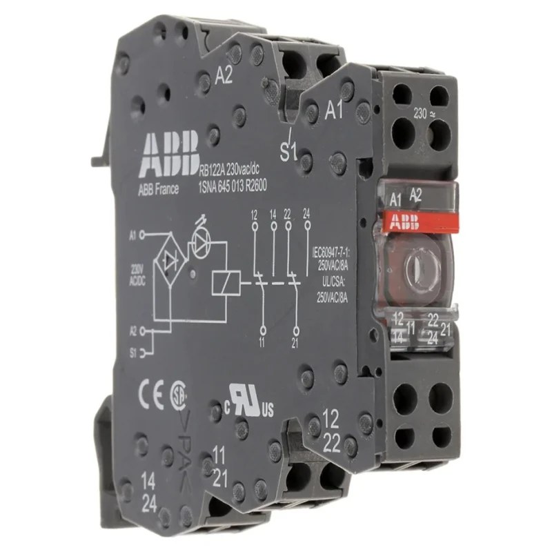ABB R600 Series Electromechanical Interface Relay, DIN Rail Mount, 230V AC/DC Coil, DPDT 1SNA645013R2600 RB122G-230VUC