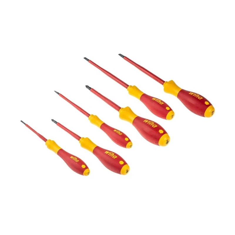 Wiha Insulated Pozidriv and Slotted Screwdriver Set, VDE SoftFinish Handle, 6-Piece 25477
