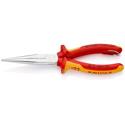 Knipex Long Nose Plier Round with Cutting Edge, 200mm Overall Length, 1000V VDE Certified, Chrome Finish 26 16 200 T
