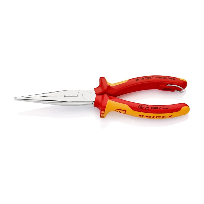 Knipex Long Nose Plier Round with Cutting Edge, 200mm Overall Length, 1000V VDE Certified, Chrome Finish 26 16 200 T