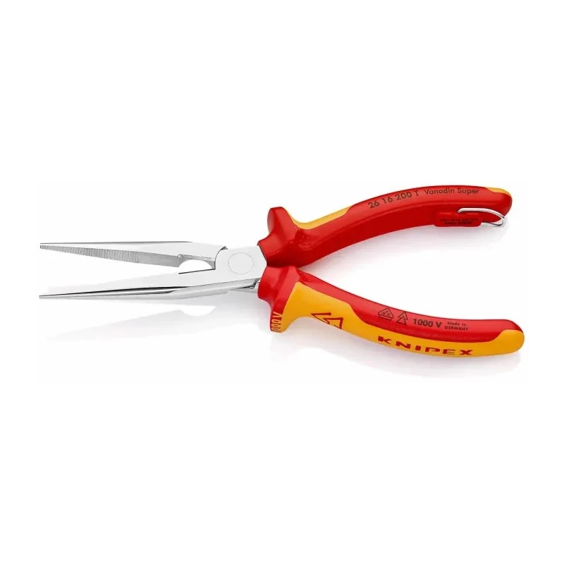 Knipex Long Nose Plier Round with Cutting Edge, 200mm Overall Length, 1000V VDE Certified, Chrome Finish 26 16 200 T