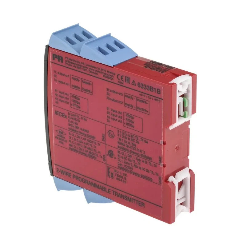 PR Electronics 2-Wire Programmable Temperature Transmitter RTD Input 4 to 20 mA Output 30V DC 85 °C -40 °C 6333B1B