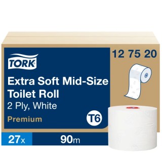 Tork Toilet Roll 2-Ply 132mm Roll Diameter 27 Rolls Mid Size 90m Length 127520