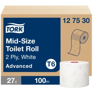 Tork 27 Rolls of 2-Ply Mid Size Toilet Roll, 100m Length, 132mm Roll Diameter, Core 35mm, Compact Mid Size Advanced 127530