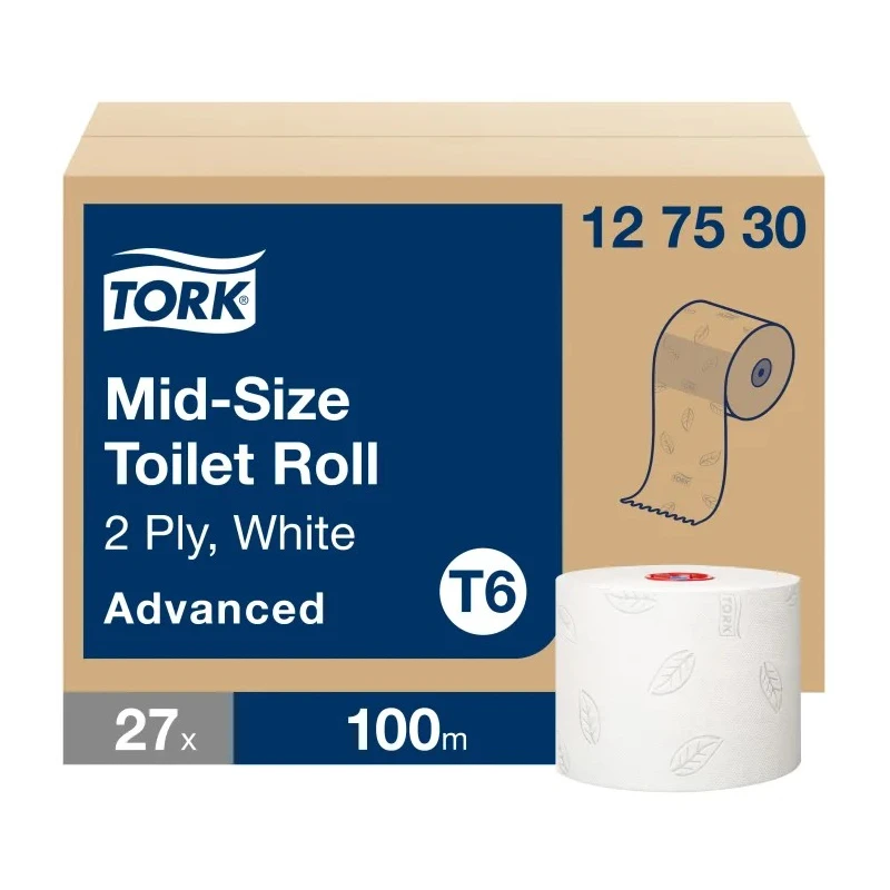 Tork 27 Rolls of 2-Ply Mid Size Toilet Roll, 100m Length, 132mm Roll Diameter, Core 35mm, Compact Mid Size Advanced 127530