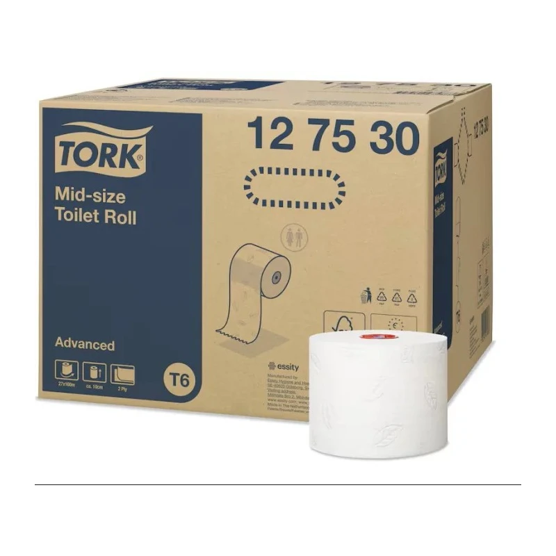 Tork 27 Rolls of 2-Ply Mid Size Toilet Roll, 100m Length, 132mm Roll Diameter, Core 35mm, Compact Mid Size Advanced 127530