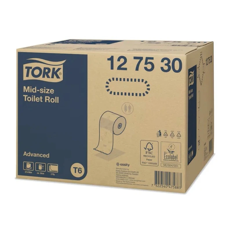 Tork 27 Rolls of 2-Ply Mid Size Toilet Roll, 100m Length, 132mm Roll Diameter, Core 35mm, Compact Mid Size Advanced 127530