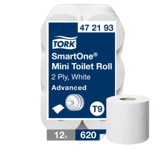 Tork SmartOne Advanced Toilet Roll 12 Rolls, 2-Ply, Mini Size, 620 Sheets per Roll, Core Diameter 44mm, Roll Diameter 472193