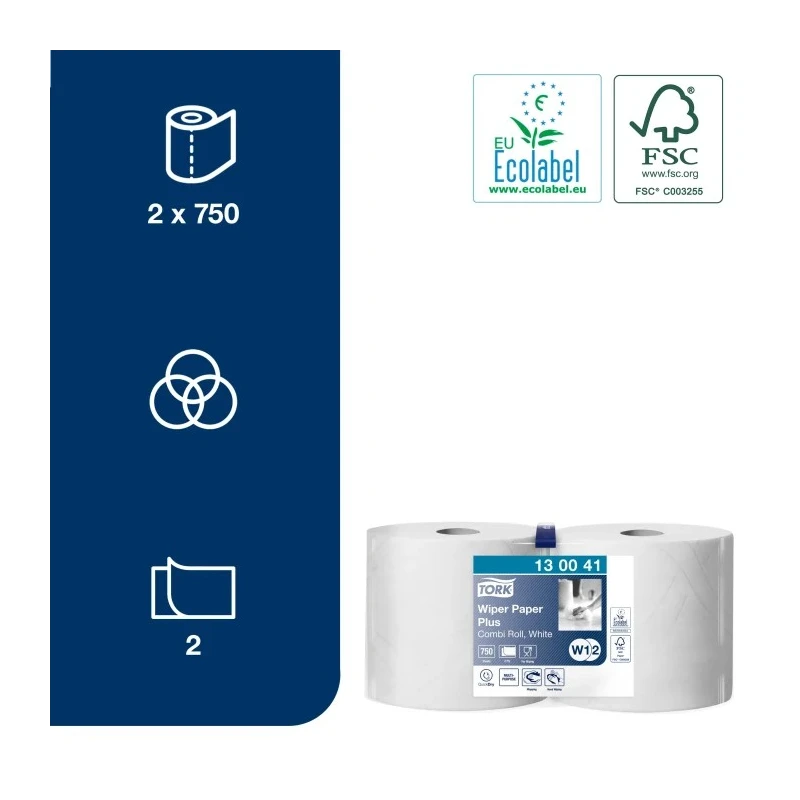 Tork 2 Ply Wiping Paper Plus Roll Paper Towel 750 Sheets 235mm Width 255m Length 130041