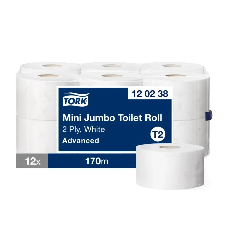 Tork Toilet Roll 12 Rolls of 850 Sheets 2-Ply Mini Jumbo, White, 59 mm Core Diameter 120238