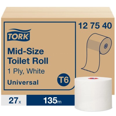 Tork Mid Size 1-Ply Toilet Roll 27 Rolls Pack Core Diameter 35mm Roll Diameter 132mm 127540