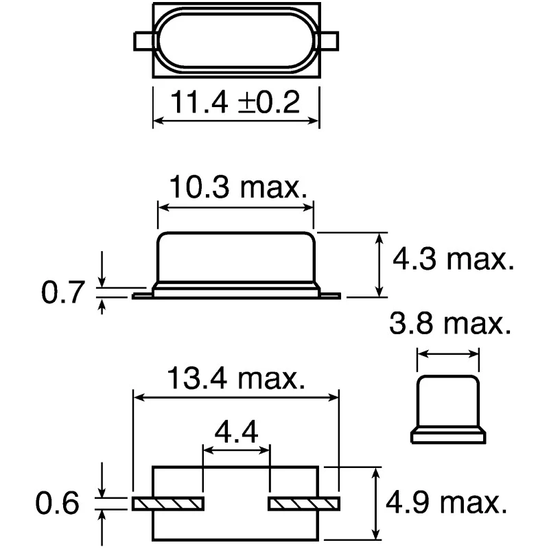 AKER 25 MHz Crystal ±30 ppm HC-49 2-Pin Surface Mount 13.5 mm x 4.8 mm x 4.6 mm CAA-25.000-18-3050-X