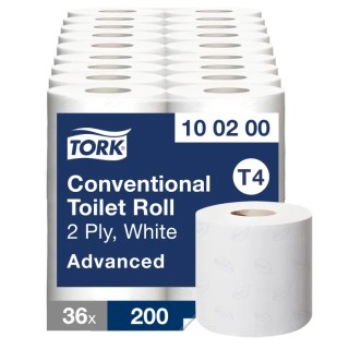 Tork 36 Rolls of 200 Sheets Toilet Roll 2 Ply Conventional Size, Core 44mm, Roll Diameter 110mm 100200