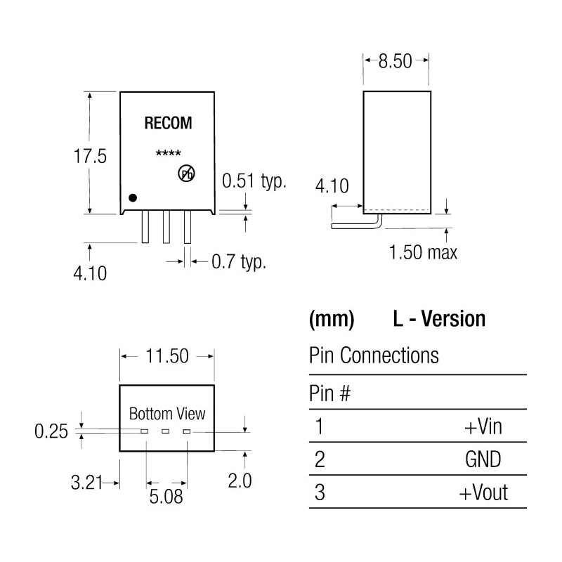 Recom Through Hole Switching Regulator, 12V DC Output Voltage, 34V DC Max Input, 1A Output Current, 12W Power R-78B12-1.0L