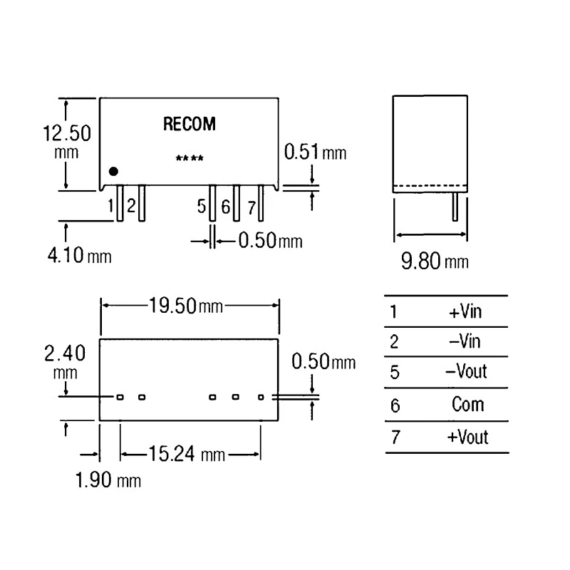 Recom DC/DC Converter Dual Output 5V DC 200mA 5.5V Input 4.5V Input 0.5W Through Hole SIP7 Package R05P205D