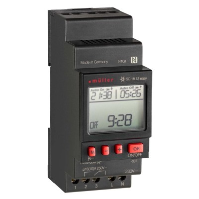 Muller Digital DIN Rail Time Switch 1 Channel, 230V AC, SPDT Contact, 10 Year Battery Life SC 18.13 EASY 230V 50-60HZ