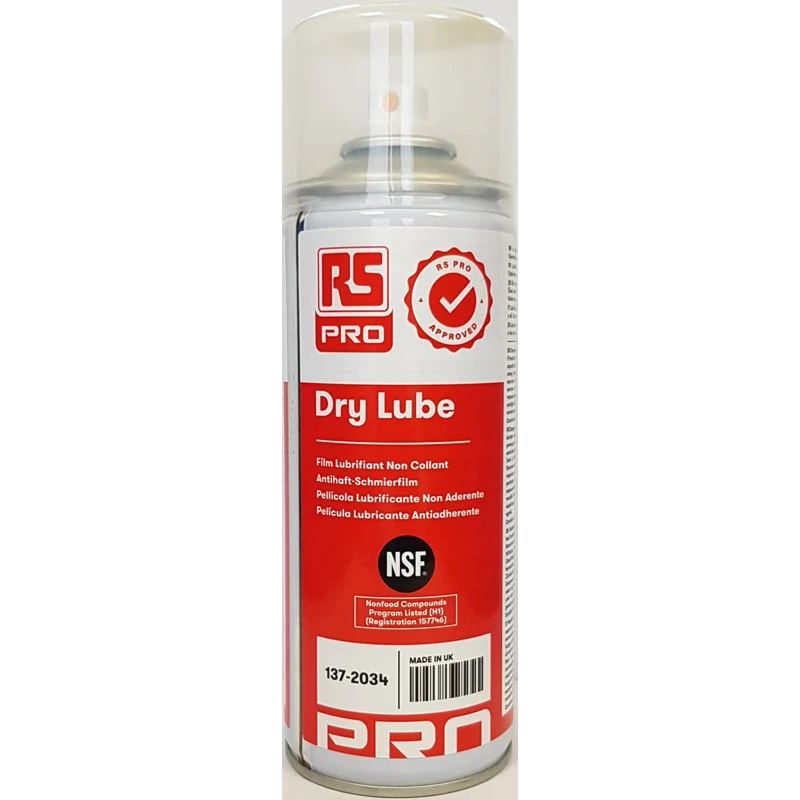 RS PRO Dry Lubricant Aerosol Polytetrafluoroethylene 400 ml Food Safe Hydrocarbon Lubricant 137-2034