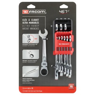 Facom 10-Piece Ratchet Spanner Set 8 To 19 mm Chrome Vanadium Steel 467BF.JP10PB