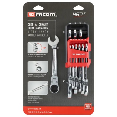 Facom 10-Piece Ratchet Spanner Set 8 To 19 mm Chrome Vanadium Steel 467BF.JP10PB