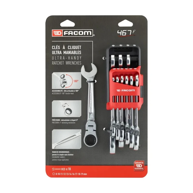Facom 10-Piece Ratchet Spanner Set 8 To 19 mm Chrome Vanadium Steel 467BF.JP10PB