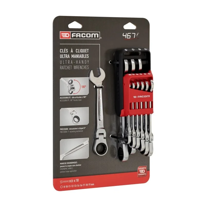 Facom 10-Piece Ratchet Spanner Set 8 To 19 mm Chrome Vanadium Steel 467BF.JP10PB