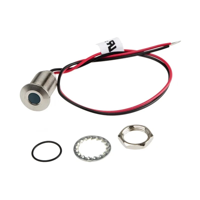 RS PRO Blue Panel Mount Indicator, 21.6V dc, 26.4V dc, 20mA, Lead Wire Termination, IP67, Flush Bezel, Stainless 139-3360