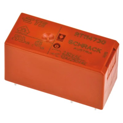 TE Connectivity RT114730 PCB Power Relay, 230V AC Coil, 12A Switching Current, SPDT, Silver Nickel Alloy Contacts